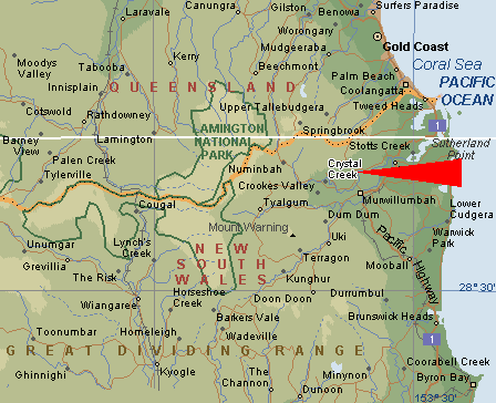 map showing crystal creek miniatures, northern nsw in relation to goldcoast and brisbane